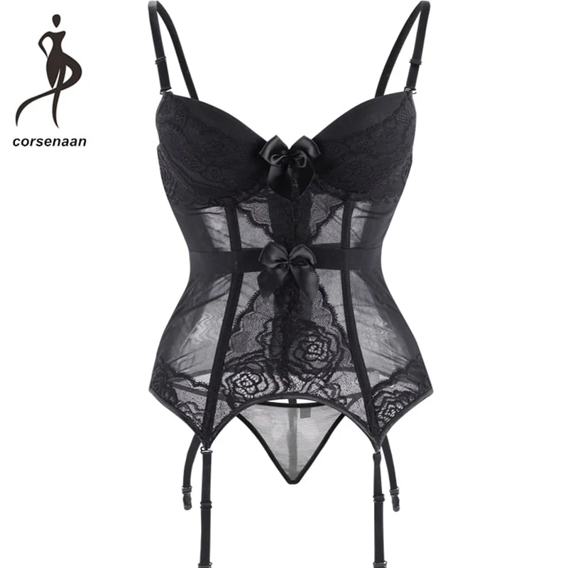 Adjustable Straps Sexy Lingerie Women Underwear Transparent Lace Bra Corset Padded Bustier With Suspenders Size S-2XL 944#