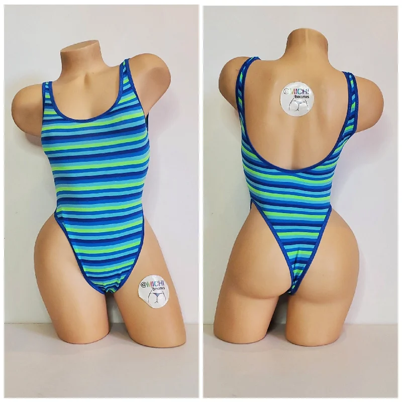 Blue & Green Stripe Pattern with Your Choice Trim Color 1 Piece Bodysuit Size SMALL