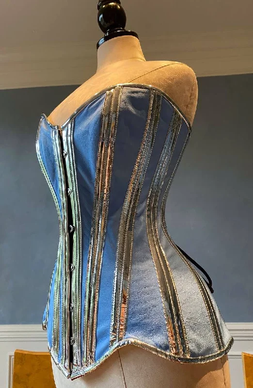 Long steel-boned leather and PVC corset with long hips, double steel bones, blue and silver corset, white and gold corset