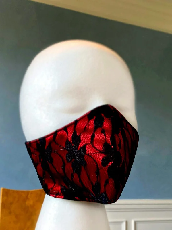 Fashion face cover/cloths face mask, red with black laces outside, cotton inside. Around head ribbon