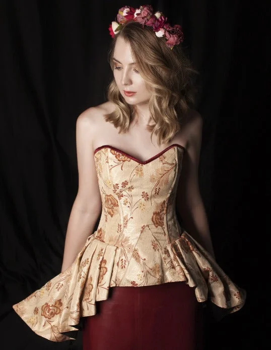 Cute floral brocade overbust corset with frill on hips. Authentic steel-boned corset in steampunk style