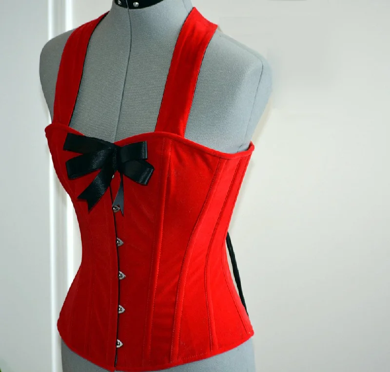 Cute pinup red microfibra (fake suede) custom made corset with bow. Steel-boned overbust corset