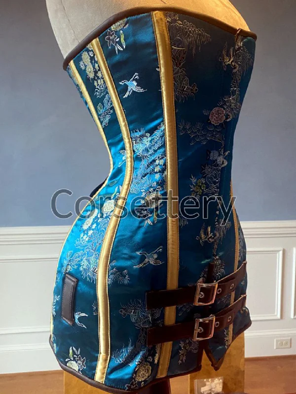 Exclusive blue brocade corset in caftan style, colorful blue with brown leather steampunk and all black gothic available