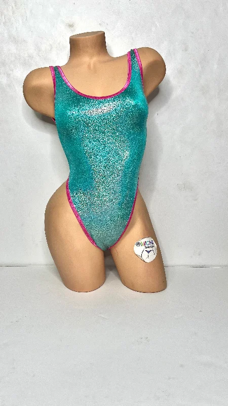 Holographic Seafoam Green with hot pink Trim Color 1 Piece Bodysuit Size SMALL