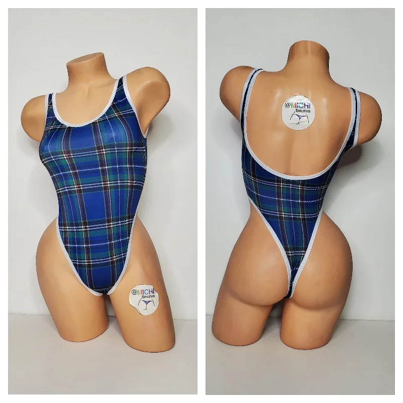 Navy Plaid Pattern w/ Your Choice Trim Color 1 Piece Bodysuit Size SMALL