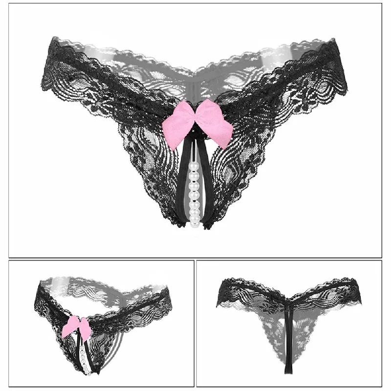 New Lace Bow Briefs Transparent Nightwear Women Thongs G Strings With Pearls Sexy Lady Panties Underwear