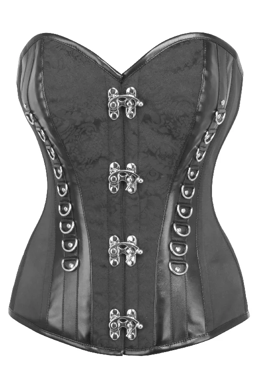 Pergonish Black Brocade Overbust Corset With PVC Trims & Metal Loop Featuees