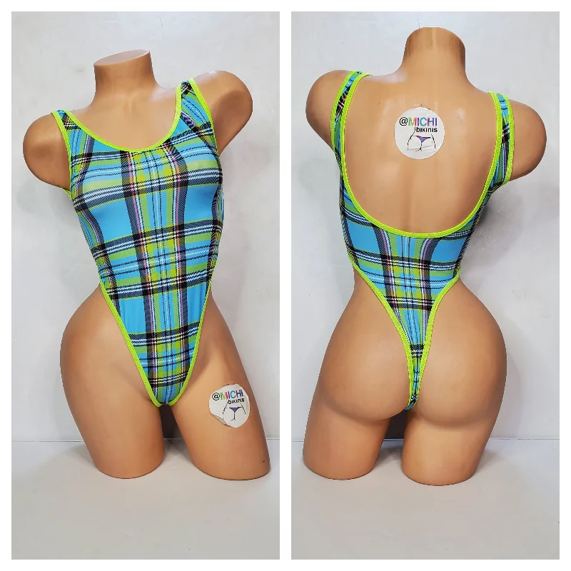 Sky Blue with Neon Green Plaid with Neon Green Trim 1 Piece Bodysuit Size SMALL