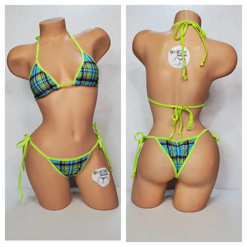 Sky Blue with Neon Green Plaid with Neon Green Trim 2 Piece Micro Bikini Set