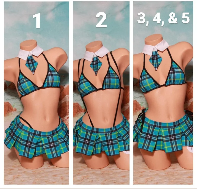 Teal Plaid w/ Black Trim Sexy School Girl Costume  Pleaded Skirt 5 Piece Set