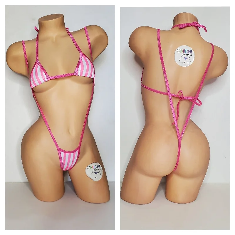 Vertical Pink and White Striped with Your Choice Trim Color 2 Piece Micro Bikini Set