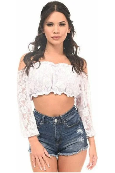 White Lined Lace Long Sleeve Peasant Top