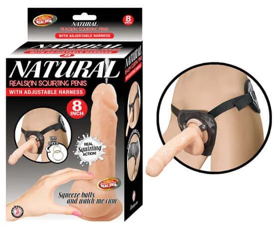 Experience Realistic Pleasure with the Natural Realskin Squirting Penis 8 inches and Adjustable Harness