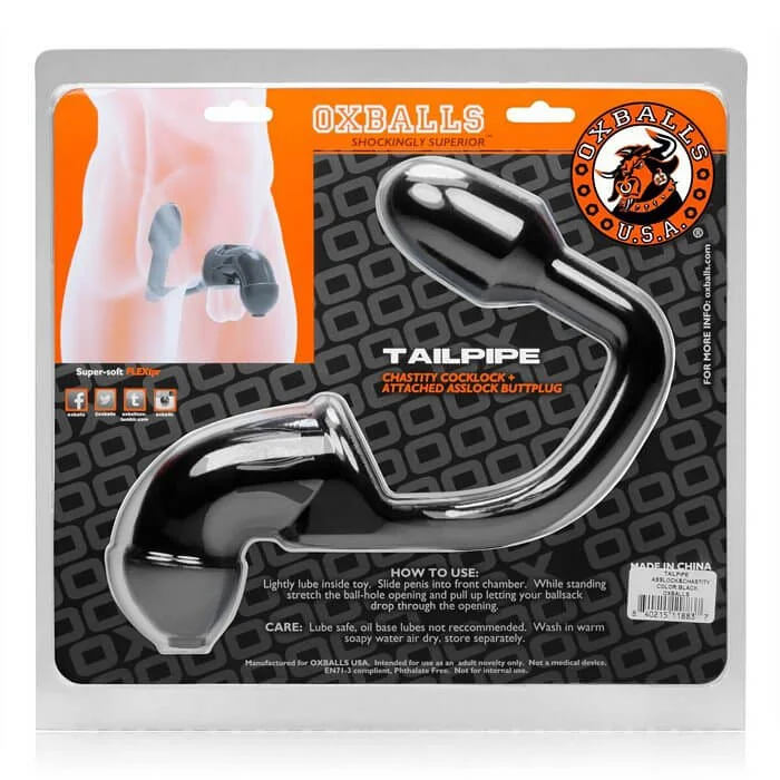 Oxballs Tailpipe Cock and Ass Lock – Black Flex-TPR Chastity Cage with Butt Plug