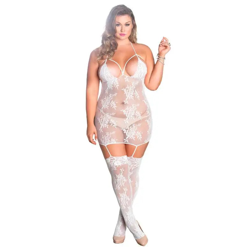 Leg White Fishnet Suspender Playsuit with Floral Lace Detail