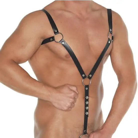 Rimba Black Leather Body Harness and Cock Ring with Buckles