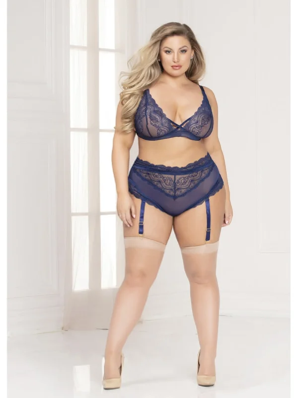 Seven 'Til Midnight 11077X 2pc Lace Bralette & Panty Set - 1XL/2XL - Navy Blue