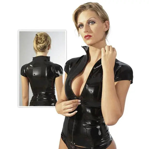 The Latex Black Fetish Zip Shirt with Short Sleeves for Her